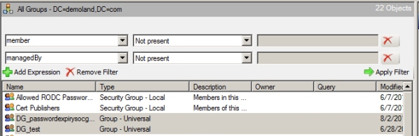 empty ownerless groups filter detail