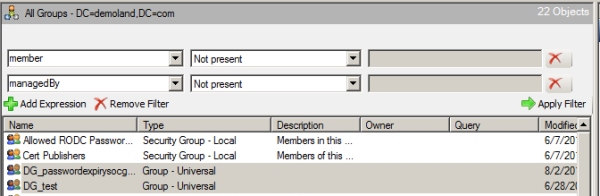 empty ownerless groups filter detail