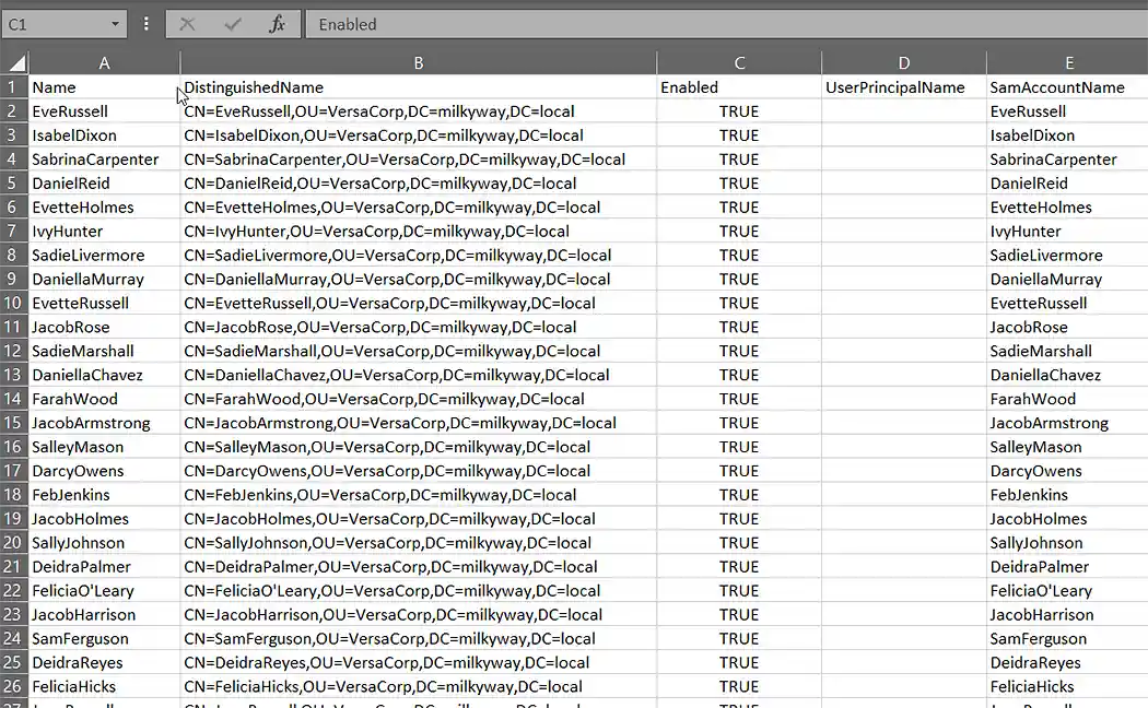 output of export active directory users to CSV