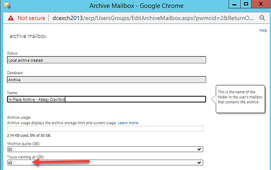 Set Archive Warning Quota for a Mailbox