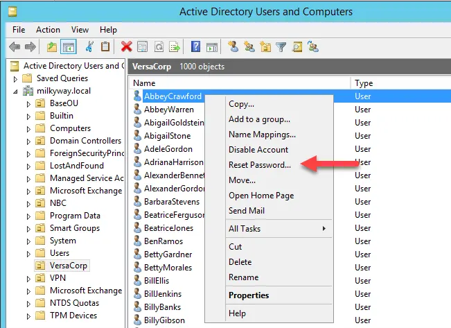 Password Reset using Active Directory Users and Computers