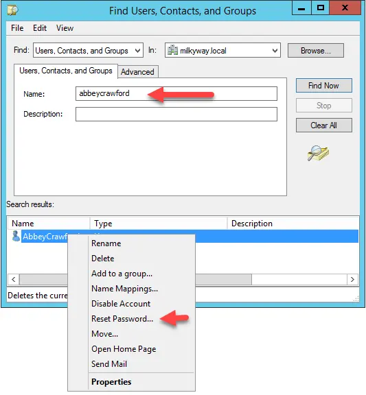 Password Reset using Active Directory Users and Computers
