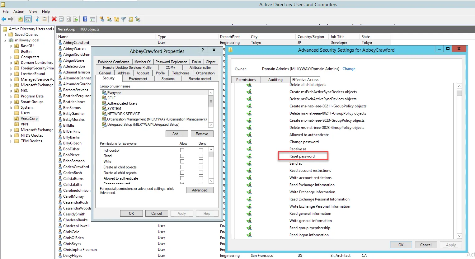 View the delegated permission to a User Account for Password Reset