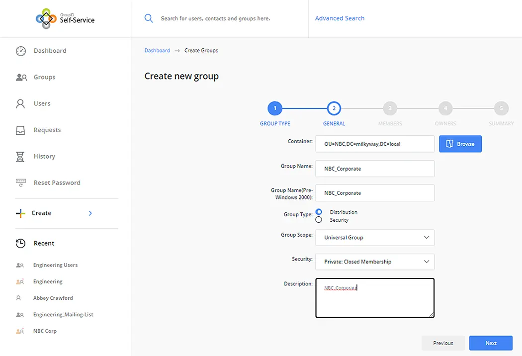 Create a Group using the Self-Service Portal