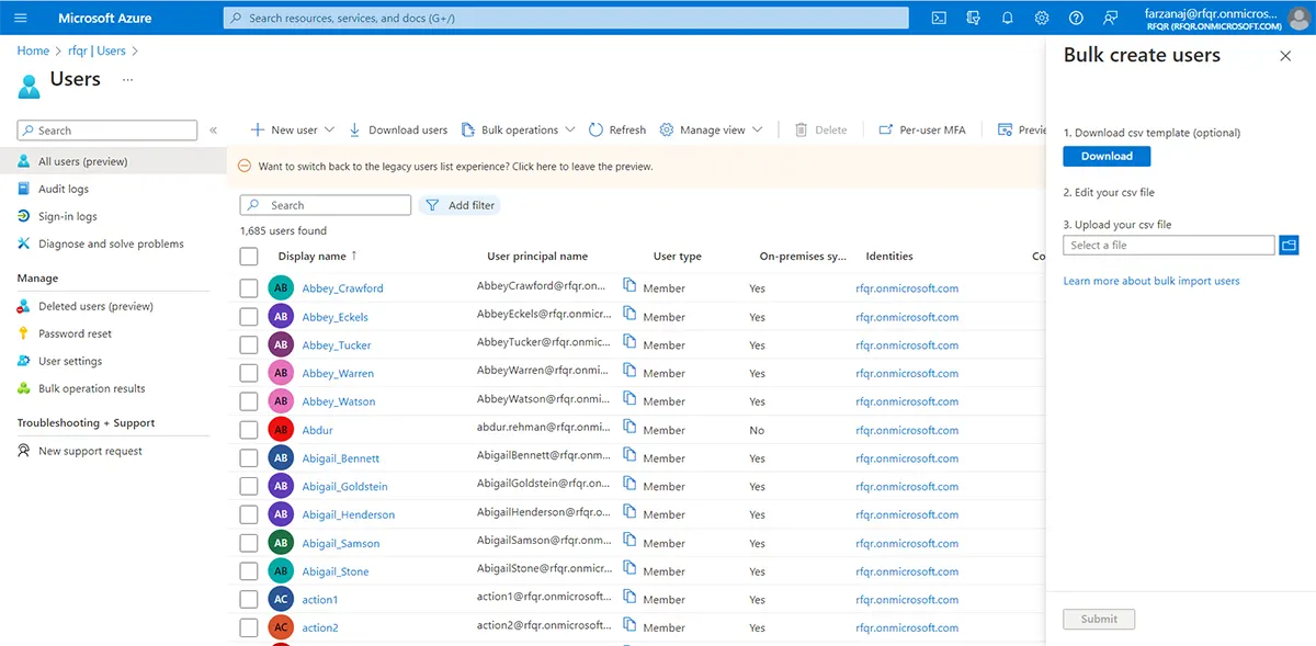 Azure Portal GUI to Upload CSV File